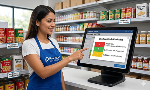 Método de Clasificación ABC mediante Sistema POS Comercial onitor de un sistema todo en uno ejecutando un análisis de inventario ABC POS para la clasificación de productos según su nivel de rotación y valor en una PyME en México 2026.