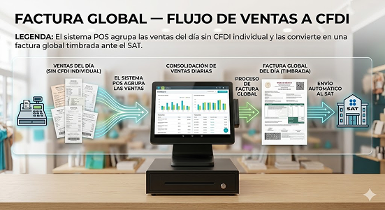 Factura global POS México 2026: flujo de ventas de mostrador a CFDI público en general timbrado ante el SAT.