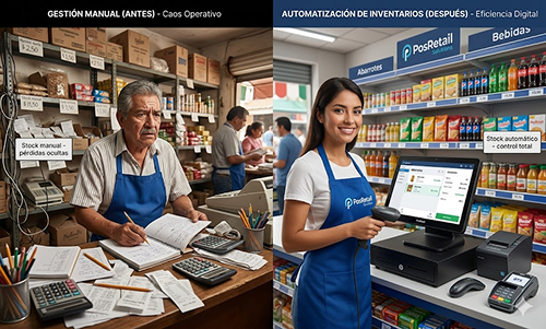 Automatización de inventarios PyME Comparativa de un negocio con gestión manual caótica frente a un comercio con automatización de inventarios PyME mediante sistema todo en uno y control de stock en México 2026.