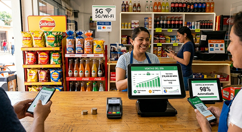 Negocio exitoso Mostrador de un negocio exitoso en México en 2026 con un sistema POS que muestra ventas en crecimiento, control de inventario automatizado al 98% y clientes realizando pagos digitales con códigos QR.